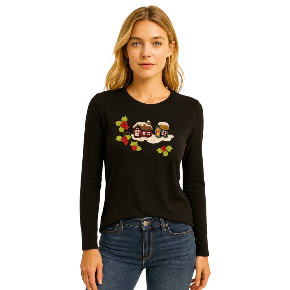 Michael Simon Event Women Black Crewneck Shirt Embroidered Beaded‎ Snowy  Xmas